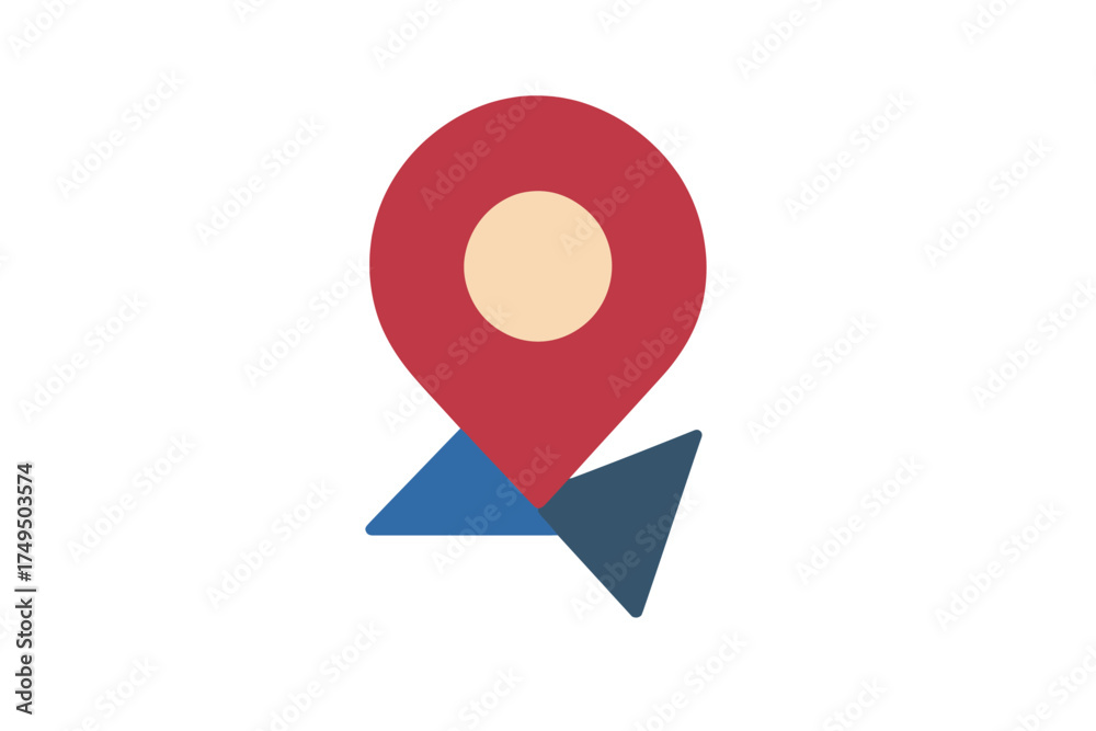 Fototapeta premium Minimalist red map pointer icon over abstract blue geometric shapes for navigation and travel
