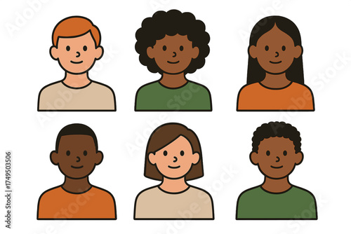 Diverse group of six smiling profile avatars representing different genders and ethnicities