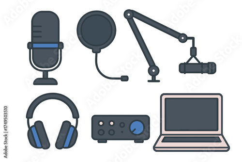 Professional audio recording and podcast studio equipment set for digital media production