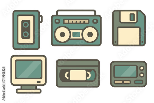 Set of vintage electronic devices and retro media storage technology from the 80s and 90s