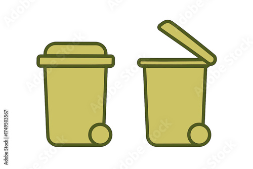Two wheeled garbage cans showing closed and open lid positions for waste disposal