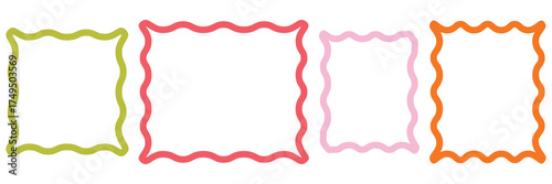 Color rectangle frames with wiggly borders. Different wavy shapes with squiggly edge border. Set of Zigzag wavy edges, rectangles, photo frames text boxes labels. Scallop frame set. Curved edges stamp