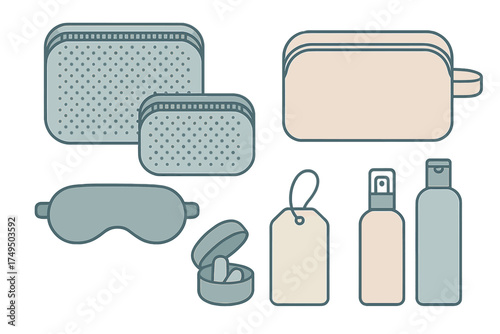 Travel accessories set with cosmetic bags, sleep mask, toiletry bottles, and luggage tag