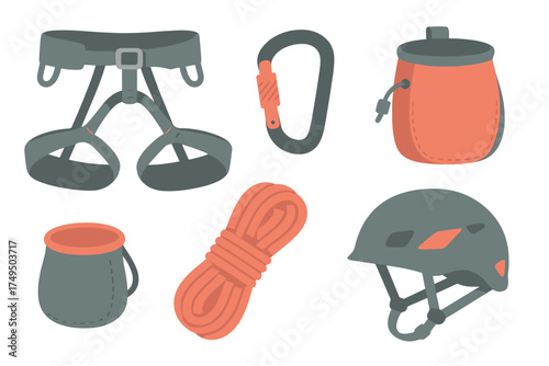 Essential rock climbing equipment set including harness carabiner rope and helmet