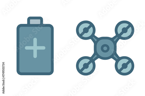 Battery charge symbol and quadcopter drone graphic elements for technology
