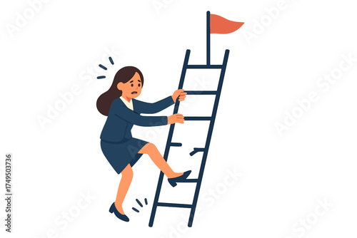 Businesswoman climbing a broken ladder toward a goal flag symbolizing career challenge and risk