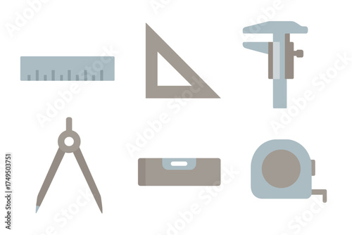 Collection of drafting and measuring tools including ruler compass caliper and spirit level