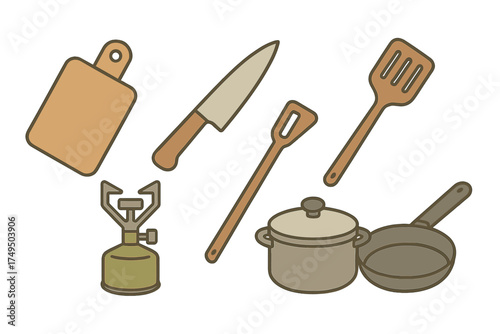 Collection of outdoor cooking gear and kitchenware including knife pot pan and portable gas burner