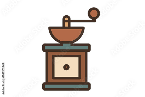Vintage manual coffee bean grinder with wooden base, metal handle, and collection drawer