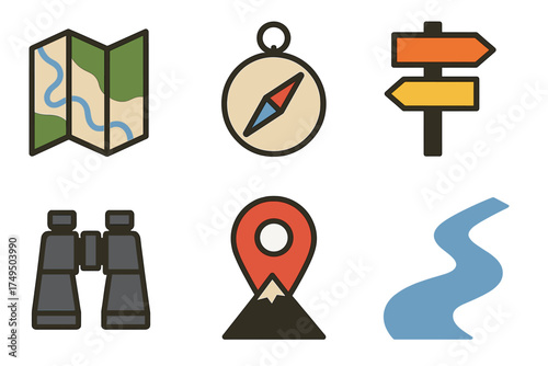 Set of essential outdoor adventure and navigation symbols including map compass and binoculars