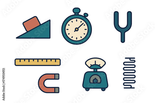 Essential physics and measurement equipment set featuring stopwatch, magnet, scale, and inclined plane
