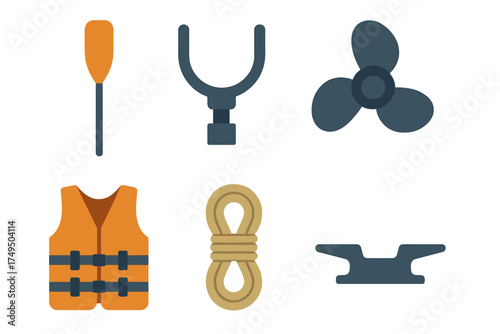 Essential marine and nautical safety gear including life vest, paddle, propeller, rope, and cleat