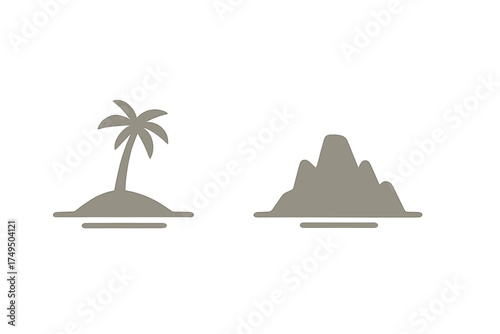Simple monochromatic icons of a tropical island with a palm tree and a rugged mountain range silhouette