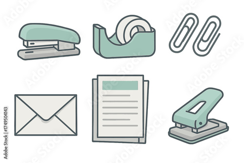 Essential office stationery collection featuring stapler tape dispenser hole punch and documents