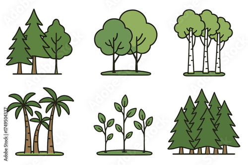 Variety of stylized trees including tropical palms, evergreen pines, and deciduous woods