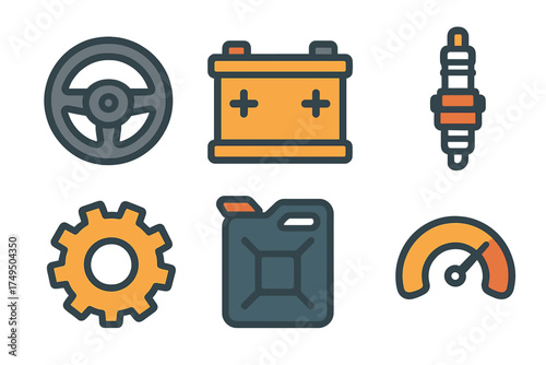 Set of automotive components and repair symbols including steering wheel battery and spark plug