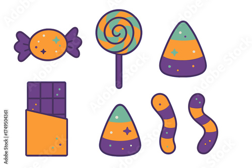 Colorful Halloween treats assortment with candy corn, chocolate bar, lollipop, and wrapped sweets