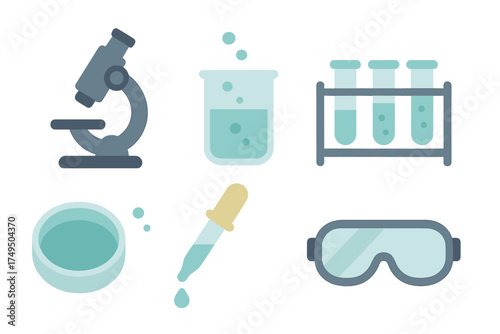 Essential laboratory equipment and scientific tools set including microscope, test tubes, and safety goggles