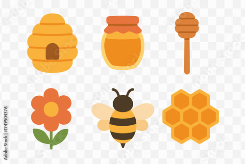Cute symbols for honey production and beekeeping featuring a bee, hive, jar, dipper, flower, and honeycomb