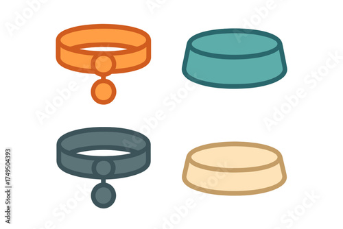 Colorful pet accessories set with dog collars, identification tags, and empty feeding bowls