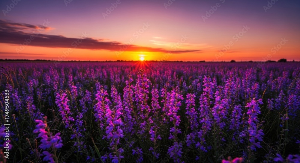 Fototapeta premium Vibrant Purple Wildflowers Bathed in Golden Sunset Light, Serene Meadow Landscape