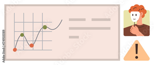 Data graph with trends, person holding identity mask, and warning sign. Ideal for analytics, cybersecurity, online identity, fraud prevention, transparency, decision-making simple flat metaphor