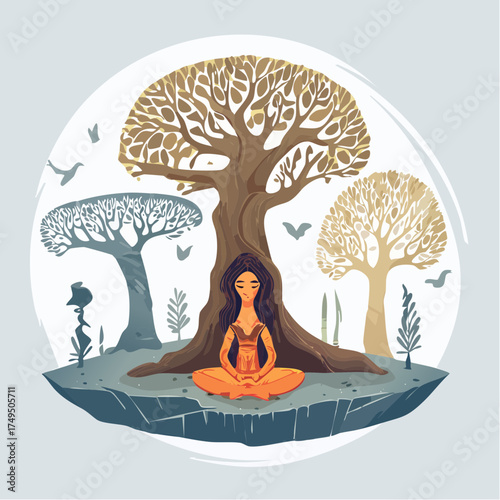 Woman meditating under a large tree