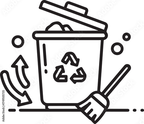 Recycling Bin with Broom Clean Environment Vector Illustration