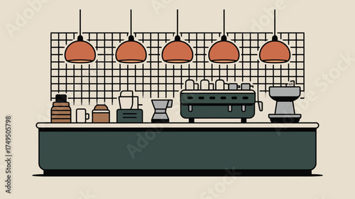 A coffee shop counter with equipment and hanging lights against a grid background illustration style
