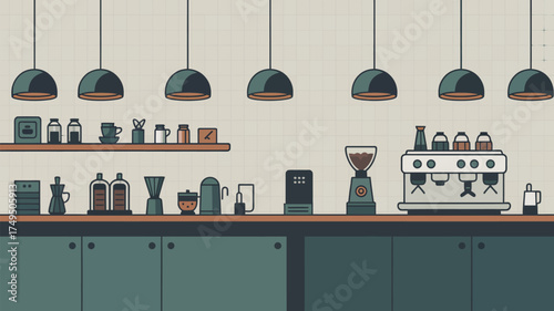 A cartoon illustration of a coffee shop interior with various equipment and hanging lights above it