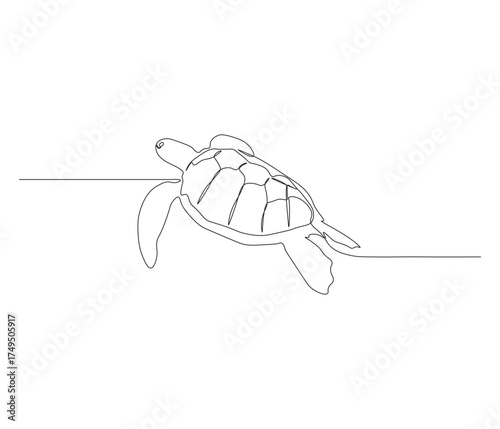One continuous line drawing of sea turtle. single line sea creature concept. illustration of swimming sea turtle. editable outline