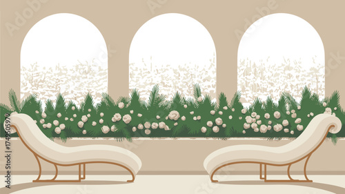 Two chaise lounges facing windows decorated with greenery and white flowers in a neutral room space