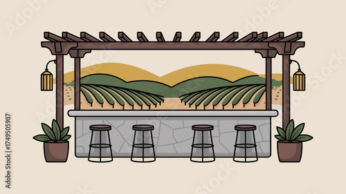 Illustration of an outdoor bar with stools and a vineyard view under a wooden pergola structure