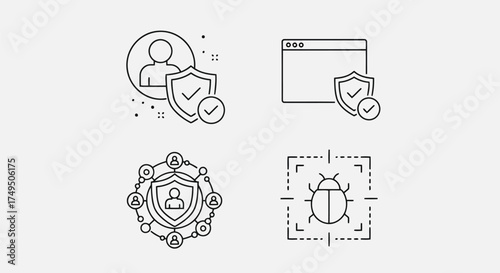 Vector illustration of cyber security icons user account protection, website security, team defense, and bug detection are essential for online safety