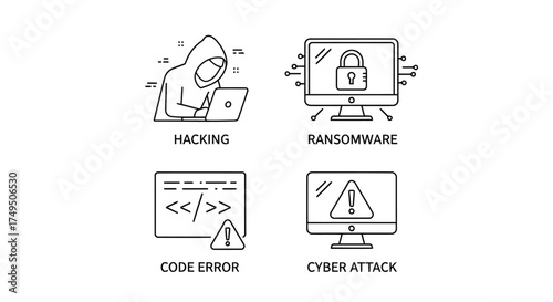 Vector illustration of hacking, ransomware, code error and cyber attack icons set of outline icons of cyber security and crime vector illustration