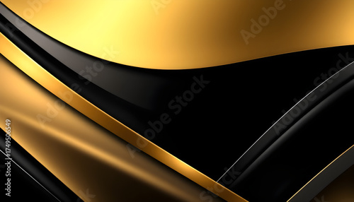  Elegant black and metallic gold backdrop with layered diagonal geometry and smooth luminous reflections. Premium modern 3D luxury design.