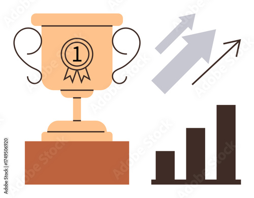 Gold trophy with 1 badge on wooden base, bar chart, and arrows moving upward. Ideal for success, achievement, competition, growth, performance business goals leadership. Simple flat metaphor