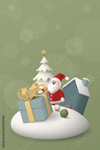 3D miniature model of Winter Wonderland with Santa Claus and gift box on snowdrift graphic illustration have blank space at vertical green background.