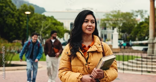 Walking, college student or woman on campus with vision for education, learning or skill development. Reflection, scholar or people outdoor in university with journey for scholarship, degree or study