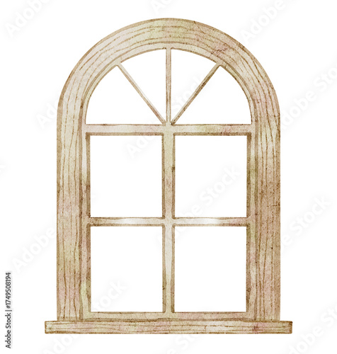 Watercolor illustration of a wooden window frame with arched top. Drawing of vintage opening for Christmas interior compositions, cozy home designs, greeting cards or invitations