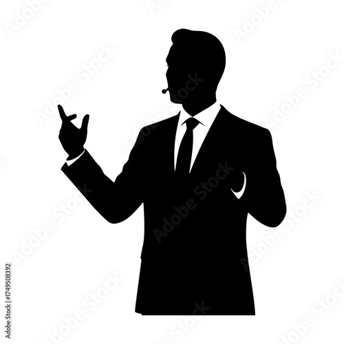 A black silhouette of a man in a business suit performing on stage. Vector. Isolated. Transparent background.