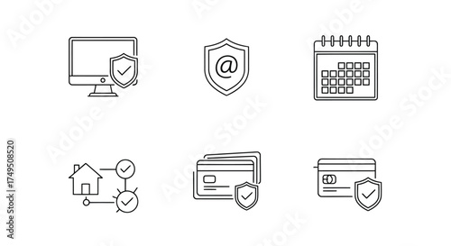 Vector illustration of set of six security icons computer security, email protection, calendar, home network, credit card security and payment protection