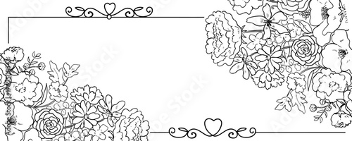 お洒落な線画のお花と植物のフレーム・招待状・ウェディング