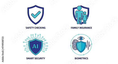 Vector illustration of set of four security icons safety checking, family insurance, smart security and biometrics in blue and green colors