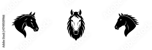 Set of Three Black and White Horse Head Silhouettes and Mascots for Equestrian, Racing, and Strength Logos


