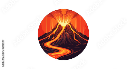 Illustration of a vibrant volcano erupting with glowing lava flowing down its slopes into a dark landscape.