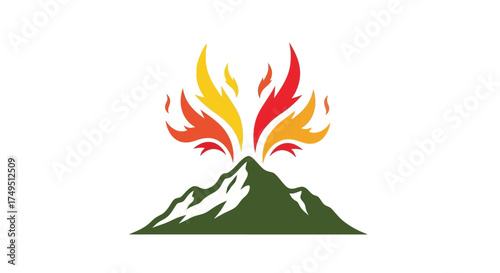 Illustration of a mountain with flames erupting from the peak in vibrant colors.