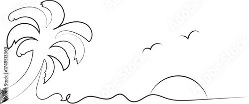 Minimalist sketch of a lone figure walking on a beach under a setting sun with a palm tree