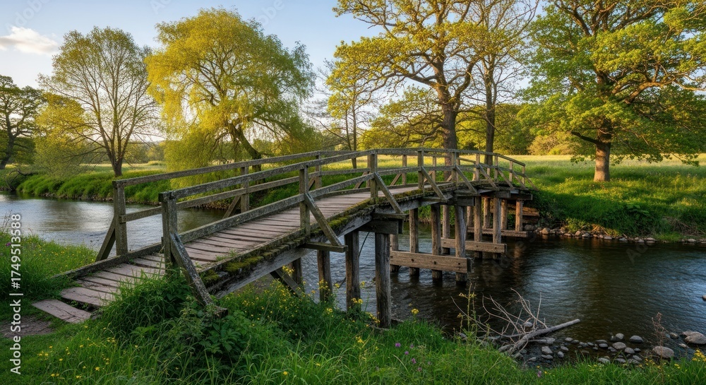 Fototapeta premium Rustic Wooden Bridge Crossing Tranquil River in Verdant Landscape at Golden Hour