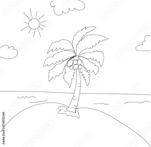 Hand drawn sketch of a solitary palm tree on a sandy beach with a serene ocean horizon